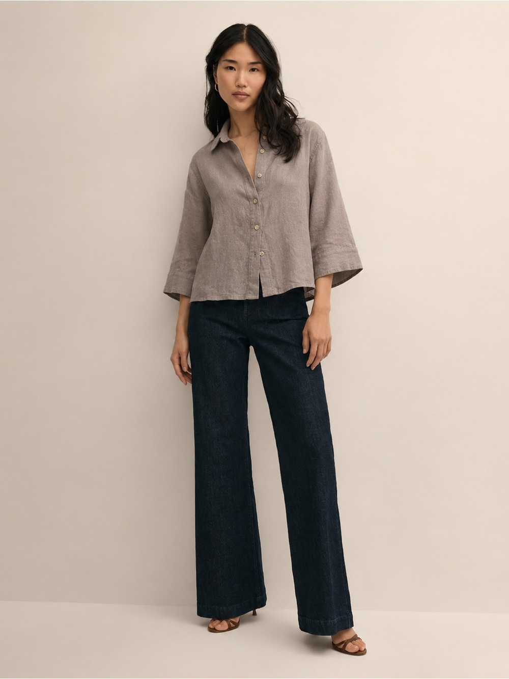 Flax linen flare arm button up shirt tuckernuck Anthropologie minimalist scandi